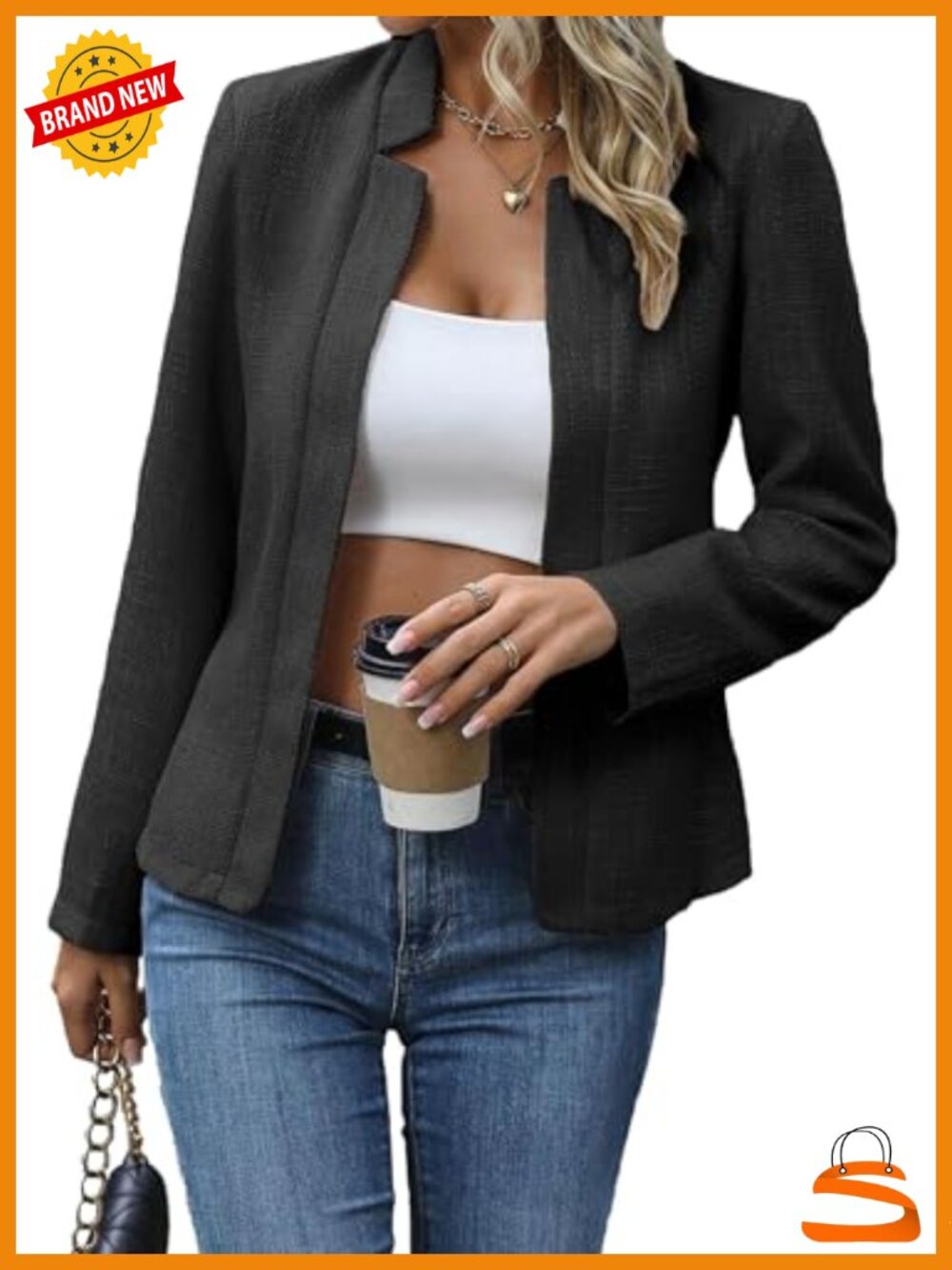 Open Front Tweed Blazer Plaid Fitted Jacket Business Casual